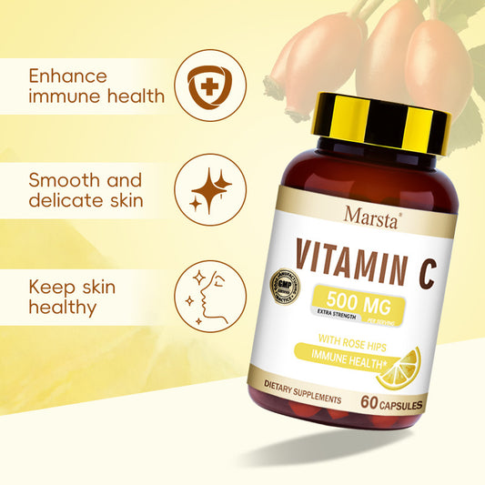 Vitamin C & Rosehip - 60 Capsules, 1 Per Day (Skin, Immunity, Essential Health)