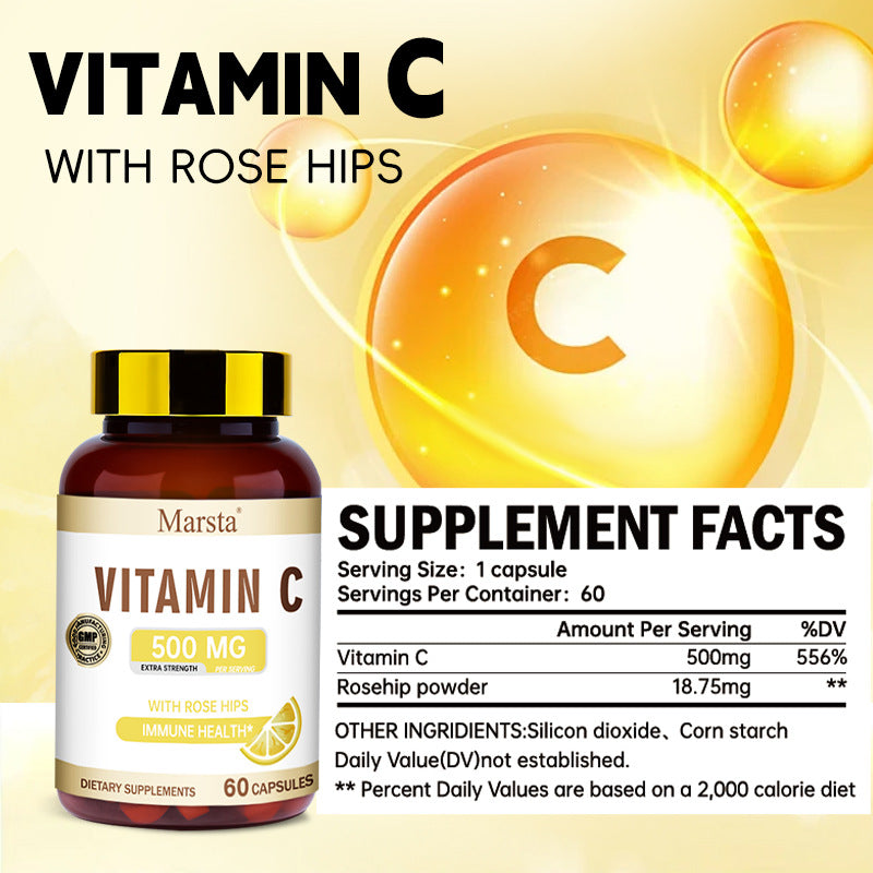 Vitamin C & Rosehip - 60 Capsules, 1 Per Day (Skin, Immunity, Essential Health)