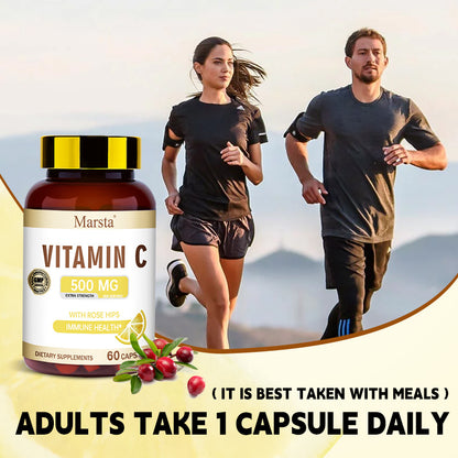 Vitamin C & Rosehip - 60 Capsules, 1 Per Day (Skin, Immunity, Essential Health)