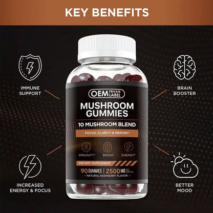 Mushroom Blend Gummies - 60Gummies, 2 Per Day (Brain Booster, Energy, Immunity)