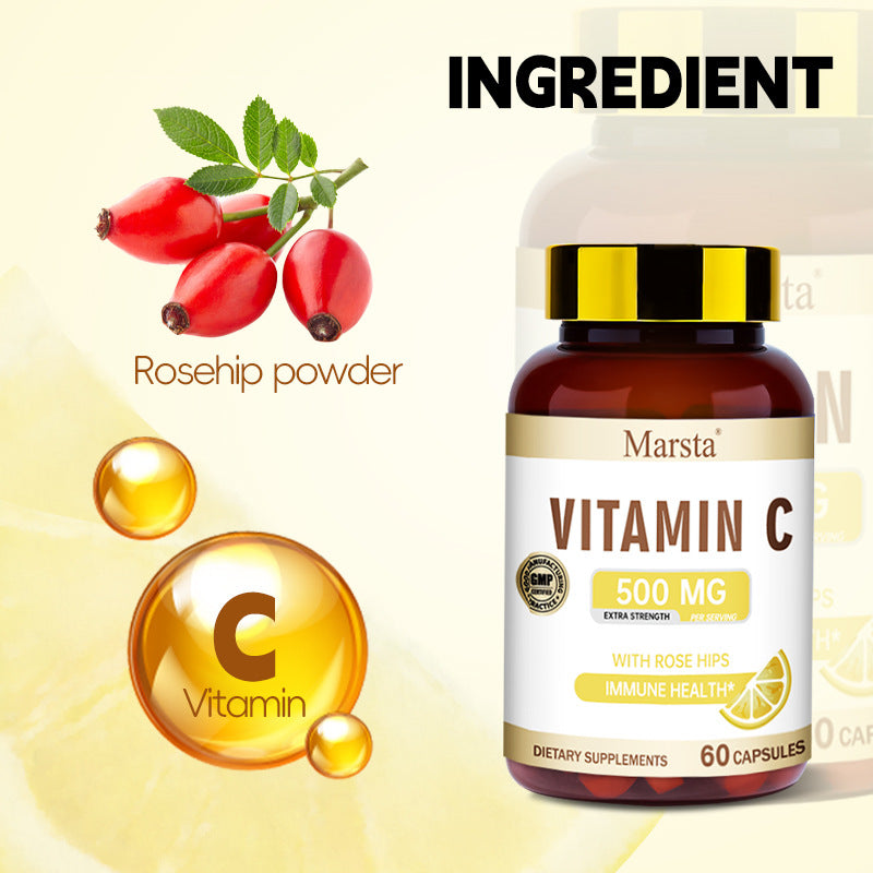 Vitamin C & Rosehip - 60 Capsules, 1 Per Day (Skin, Immunity, Essential Health)